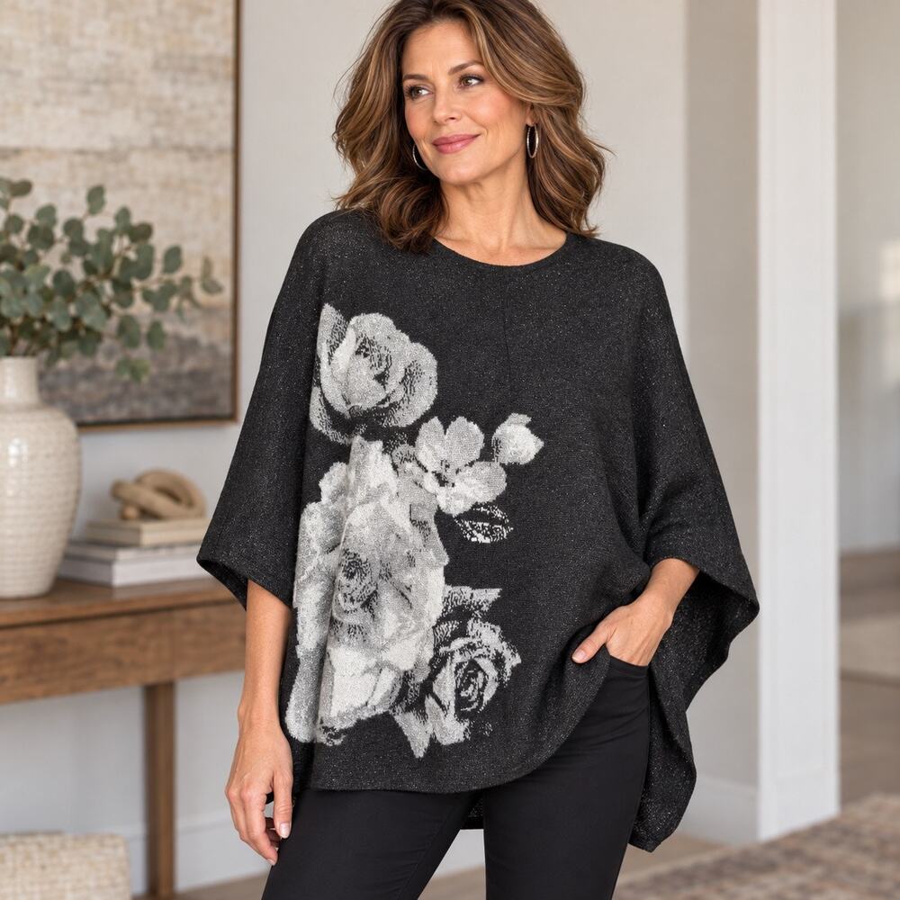 Chico’s L/XL Black Gray Floral Metallic Knit Poncho Sweater Cape Top